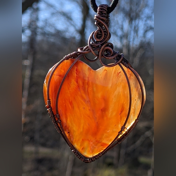Hand Crafted Carnelian Heart Pendant Statement Necklace Copper Wire Wrap - Picture 12 of 14